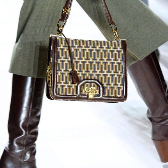 Tory Burch RARE 2011 collection runway leather/woven shoulder bag w/mirror EUC - Picture 2 of 15